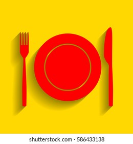 Fork, tape and Knife sign. Vector. Red icon with soft shadow on golden background.