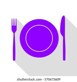 Fork, tape and Knife sign. Violet icon with flat style shadow path.
