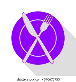 Fork, tape and Knife sign. Violet icon with flat style shadow path.