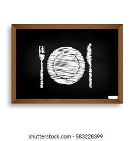 Fork, tape and Knife sign. White chalk icon on black school board