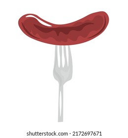 Fork with tasty sausage on white background