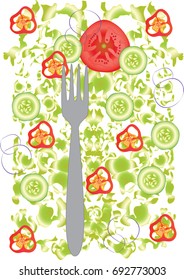 Fork with tomato, cucumber and pepper