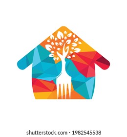 Fork tree with home shape vector logo design. Restaurant and farming logo concept.