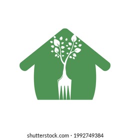 Fork tree with home shape vector logo design. Restaurant and farming logo concept.