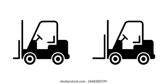 Fork truck or forklift icon. Cartoon forklift truck logo. silhouettes of fork lift truck for operator. For safely lifting and moving heavy objects, unloading, cargo and boxes. Warehouse machine.