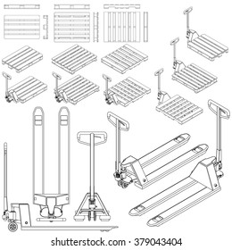 fork truck and pallet set all view drawing outline isometric