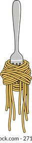 Garfo girado com macarrão de espaguete longo, ilustração de vetor de desenhos animados simples