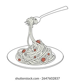 A fork twirls spaghetti with meatballs, lifting it from a white plate. The food is depicted in a simple line drawing style with minimal color.