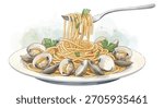 A fork twirls spaghetti from a plate of pasta with clams, also known as spaghetti alle vongole. This classic Italian seafood dish is garnished with fresh green parsley.