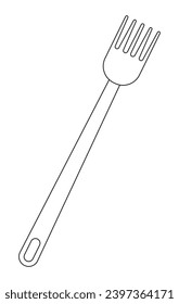 Objeto de caricatura de la línea 2D en blanco y negro de la horquilla. Herramienta para comer. Cubertería metálica. Equipo de cena elemento de contorno vectorial aislado. Ilustración de manteles monocromáticos de mesa