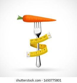 Fork with vegetable carrots and a measuring tape around. Healthy food for diet. Isolated on a white background. Vector illustration