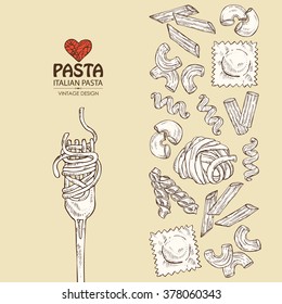 forkBackground with different types of pasta. hand drawn