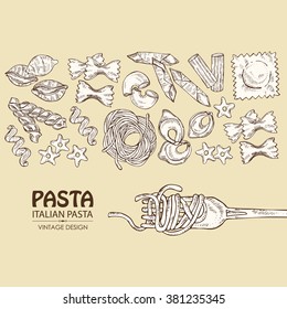 forkBackground with different types of pasta. hand drawn