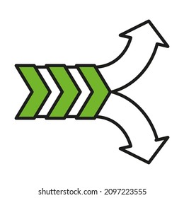Forked arrow. Green and white illustration with black outline. Simple flat three color vector icon for website, app, print, presentation, and more