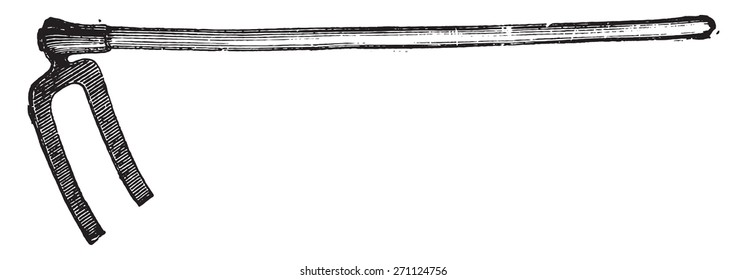 Forked hoe flat teeth to return the land in the drainage ditch, vintage engraved illustration. Industrial encyclopedia E.-O. Lami - 1875. 