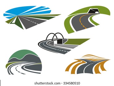 Forked Road, Mountain Highways With Tunnel And Steep Turn, Road Bridge And Speed Freeway With Blue Sky, For Transportation Industry Or Travel Theme Icon Design