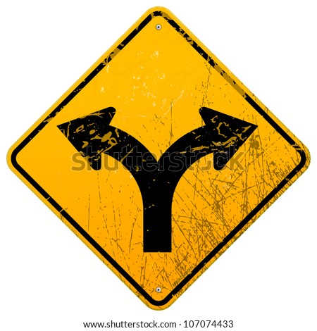 Forked road sign - Damaged yellow metallic roadsign with fork symbol