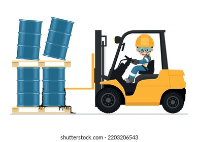 Forklift accident. Fork lift truck hitting barrel of hydraulic or petroleum oil, toxic materials. Forklift driving safety. Security First. Industrial Safety and Occupational Health