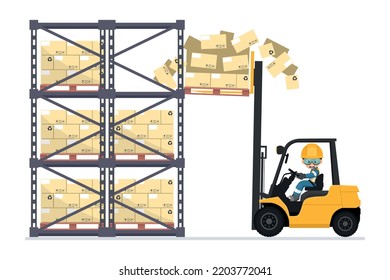 Forklift accident. Fork lift truck colliding with the warehouse rack and dropping the boxes from the pallet. Forklift driving safety. Security First. Industrial Safety and Occupational Health