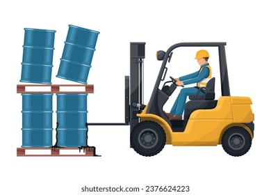 Forklift accident. Fork lift truck hitting barrel of hydraulic or petroleum oil, toxic materials. Forklift driving safety. Security First. Industrial Safety and Occupational Health