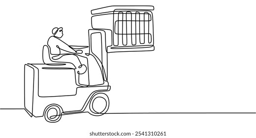 Forklift in Action. Continuous One Line Drawing Depicting Logistics Efficiency in Distribution Operations.