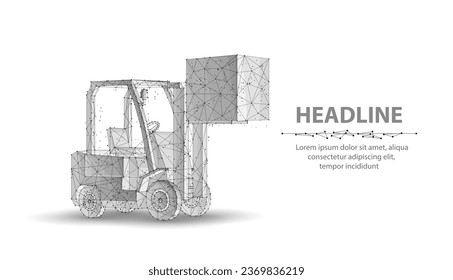 Elevador de horquilla. Servicio logístico automatizado, almacén digital, tecnología de carretillas elevadoras, máquina de carga eléctrica, entrega de paquetes, equipo industrial de IA, transporte de fábrica. Ilustración poligonal en azul.