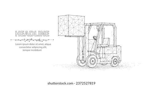 Forklift. Automated logistic service, digital warehouse, forklift technology, electric cargo machine, package delivery, AI industry equipment, factory transport. Polygonal illustration on blue.