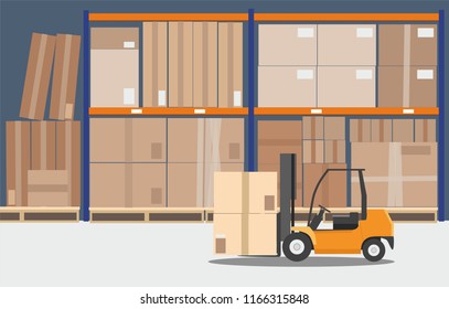 The forklift in the big warehouse delivery .  Vector illustration