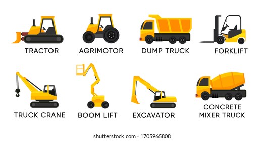 Forklift With Boom Lift And Others Trucks For Cargo And Construction - Vector Icon Set Isolated On White.