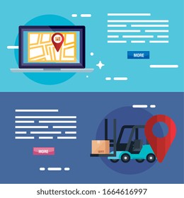 cuadro de carretillas elevadoras gps diseño de mapas y portátiles, logística de entrega transporte transporte transporte transporte almacén de servicios industria y tema global Ilustración vectorial