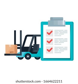 diseño de la caja de carretillas elevadoras y de la lista de documentos, logística de entrega transporte transporte almacén de servicios de envío industria y tema global Ilustración de vectores