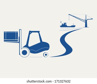 Forklift with box moving at from harbor unloading cargo ship