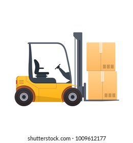 Forklift with boxes, packages, cargo and products. Machine with a raised load. Transportation, delivery, logistics, transportation of goods to the warehouse. Vector illustration.