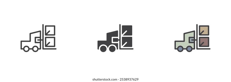 Forklift with cardboard boxes different style icon set. Line, glyph and filled outline colorful version, outline and filled vector sign. Warehouse logistics symbol, logo illustration. Vector graphics