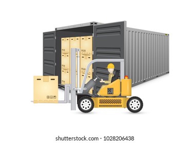 Forklift and cargo container or shipping container for shipment storage and transport goods product and raw material between location or country, International trade equipment to exchange goods.