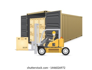 Forklift and cargo container or shipping container for shipment storage and transport goods product and raw material between location or country, International trade equipment to exchange goods.