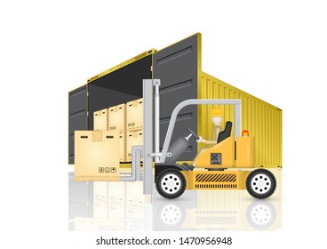 Forklift and cargo container or shipping container for shipment storage and transport goods product and raw material between location or country, International trade equipment to exchange goods.