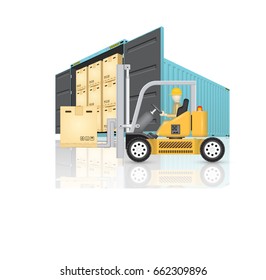 Forklift and cargo container or shipping container for shipment storage and transport goods product and raw material between location or country, International trade equipment to exchange goods.