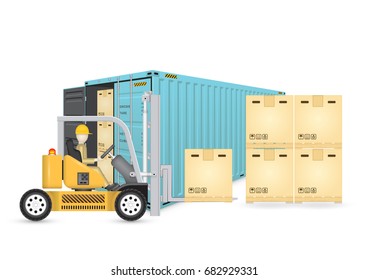 Forklift and cargo container or shipping container for shipment storage and transport goods product and raw material between location or country, International trade equipment to exchange goods.