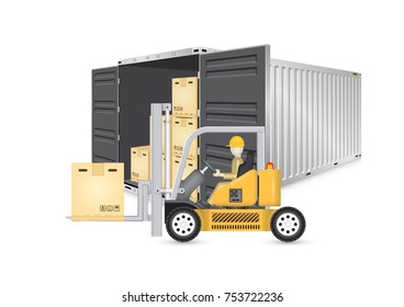 Forklift and cargo container or shipping container for shipment storage and transport goods product and raw material between location or country, International trade equipment to exchange goods.