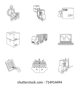 Forklift, cargo plane, goods, documents and other delivery and transportation items.  Logistics and delivery set collection icons in outline style isometric vector symbol stock illustration web.