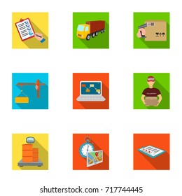 Forklift, cargo plane, goods, documents and other items in the delivery and transportation. Logistics and delivery set collection icons in flat style isometric vector symbol stock illustration web.