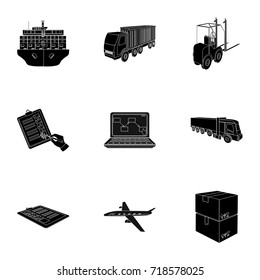 Forklift, cargo plane, goods, documents and other items in the delivery and transportation. Logistics and delivery set collection icons in black style isometric vector symbol stock illustration web.