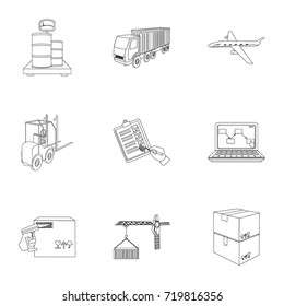 Forklift, cargo plane, goods, documents and other items in the delivery and transportation. Logistics and delivery set collection icons in outline style isometric vector symbol stock illustration web.