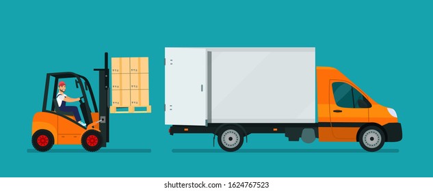 Forklift cargo van loading. Vector flat style illustration.