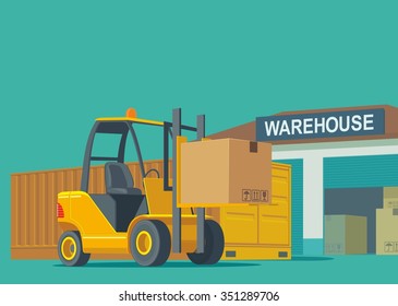 Forklift carries a box in storage. Flat banner production process in Warehouse. Vector illustration for business, info graphic, web, presentations, advertising.