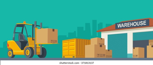 Forklift carries a box in storage. Vector flat illustration isolated on city background. Hand drawn design element for label and poster