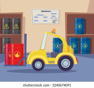 Gabelstapler mit brennbaren Ölfässern, Vektorgrafik. Cartoon Zeichnung des Transports in Lagern mit Behältern gefährlicher Stoffe. Verkehr, Logistik, Industriekonzept