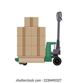 Montaje de carga de la horquilla de las cajas de la ilustración plana del vector. Dibujo de caricaturas de herramientas de carga aisladas en fondo blanco. Concepto de envío, servicio de entrega