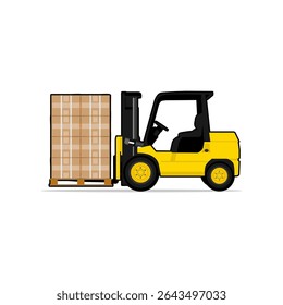 forklift carrying wooden pallet with boxes vector illustration